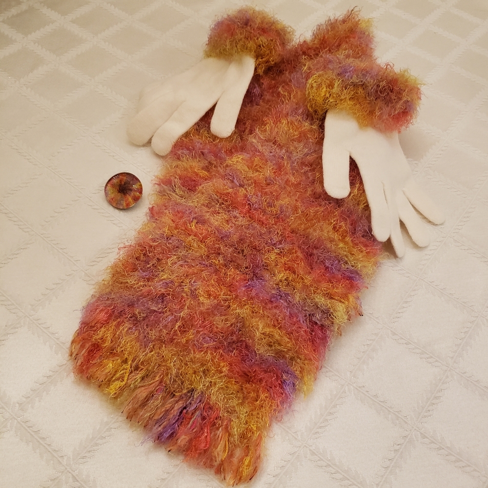 Hand crafted 3 piece knitted scarf, gloves and hand-painted glass pin